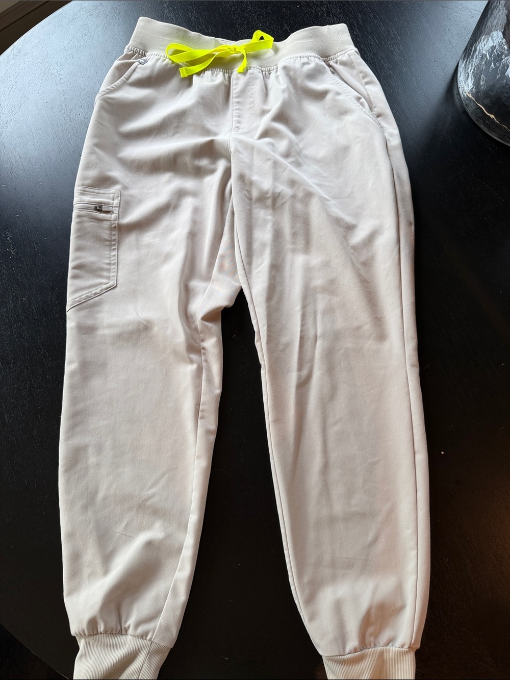 Figs Women's Jogger Sweatpants in Light Beige with Neon Yellow Drawstring